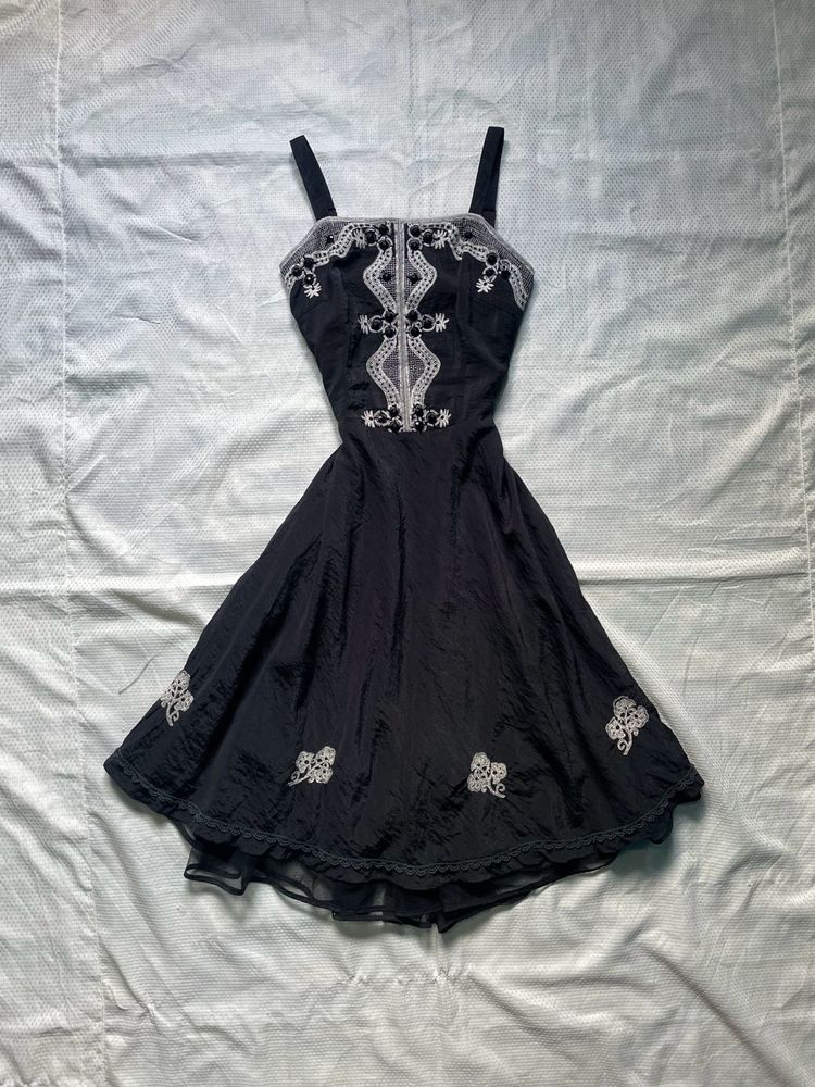 Black Embroidered Spaghetti Strap Dress