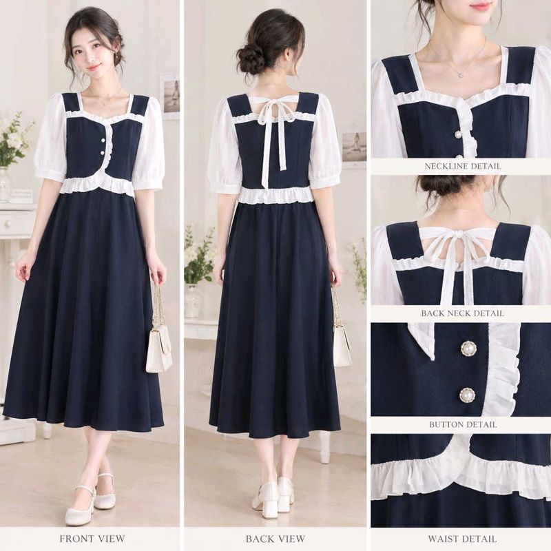 Navy Blue Square Neck Midi Dress