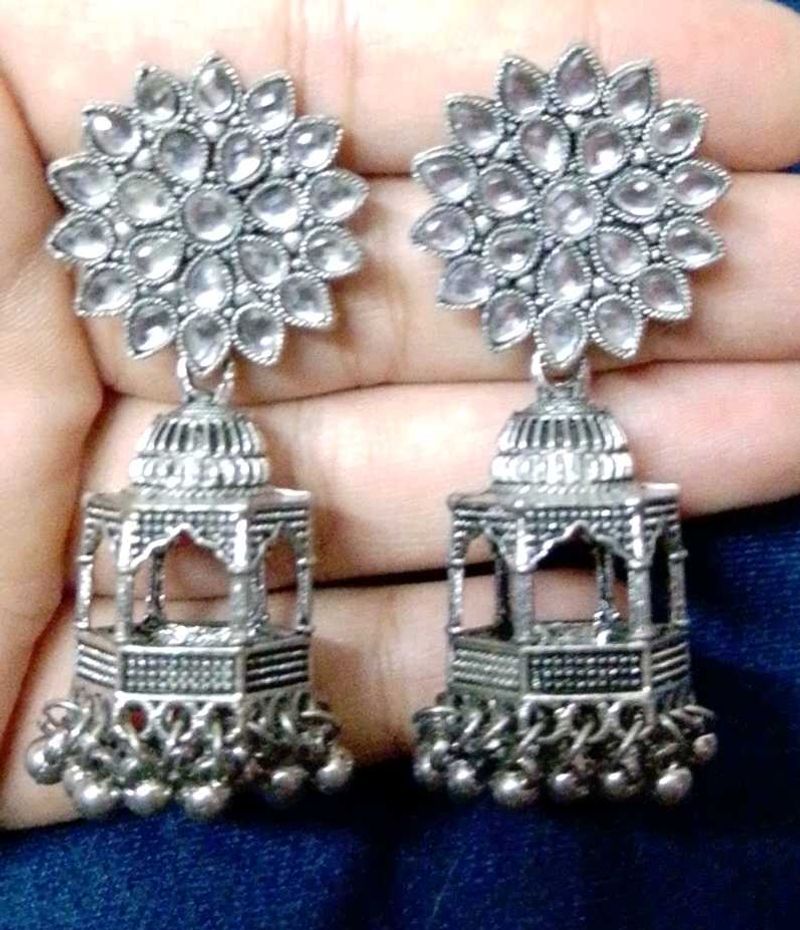 Elegant Oxidized Silver Jhumka Earrings