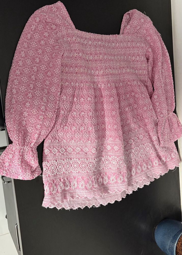 Pretty Pink Embroidered Square Neck Blouse