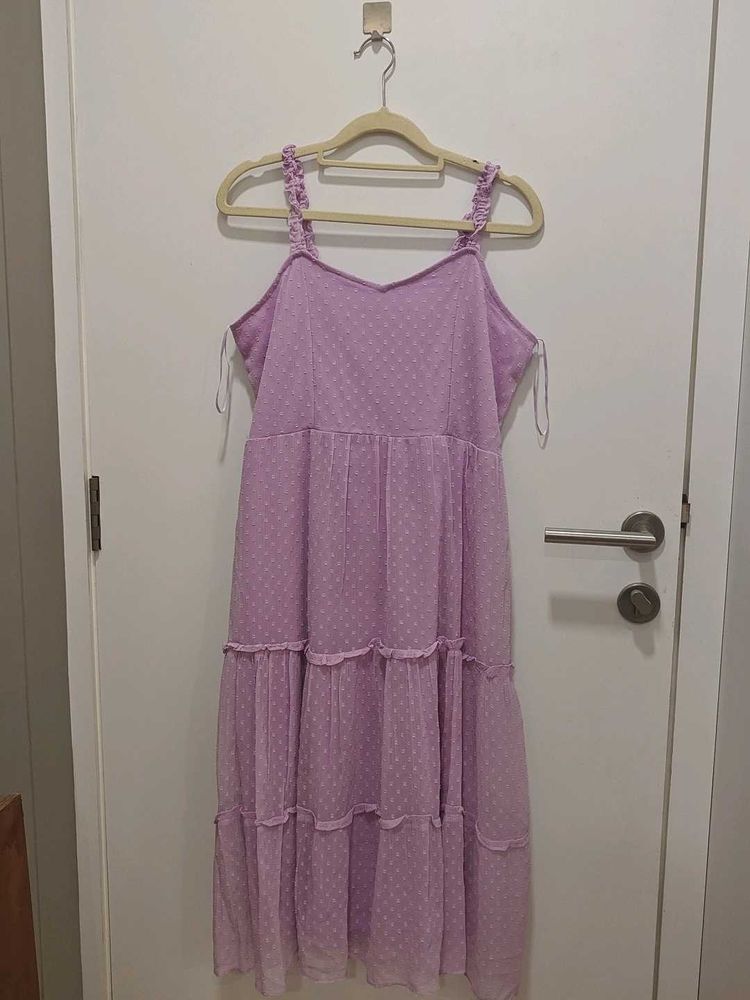Lavender Swiss Dot Tiered Midi Dress