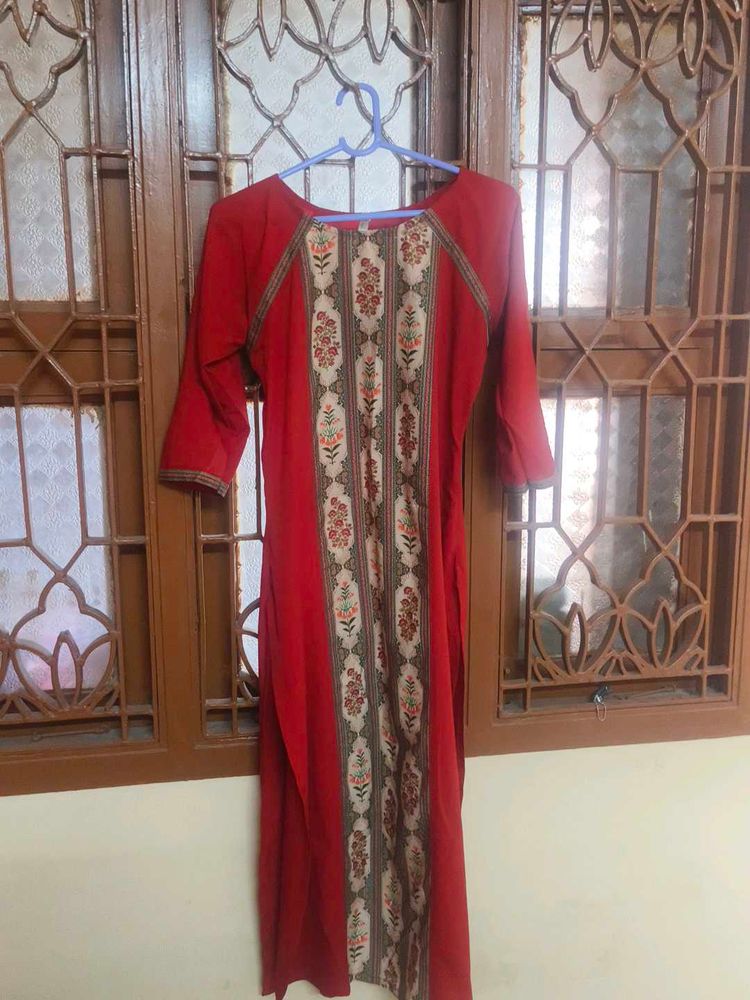 Red Kurta with Floral Print