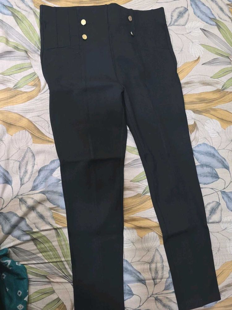 High-Waisted Black Pants with Gold Buttons