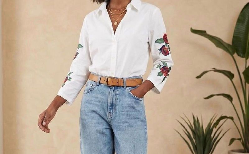 Embroidered Rose Button-Up Shirt