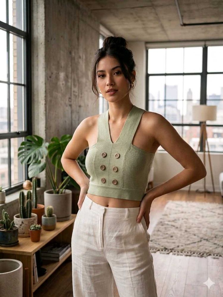Chic Sage Green Cropped Knit Top