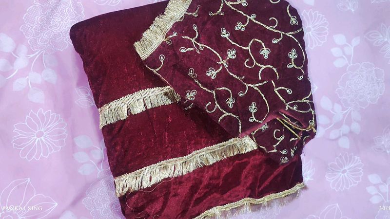 Maroon Velvet Lehenga Choli with Gold Embroidery