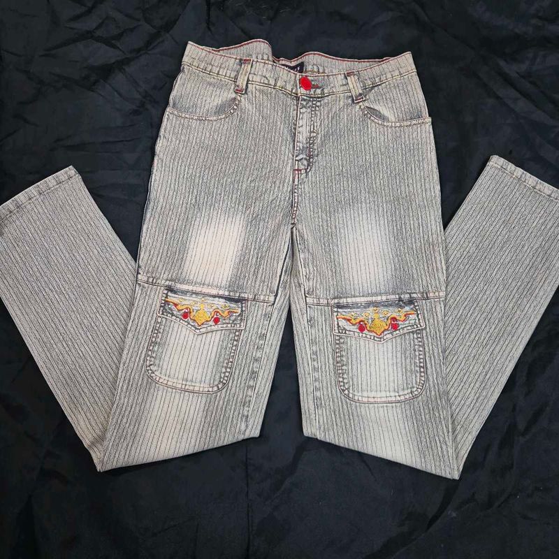 Striped Embroidered Jeans cargo y2k