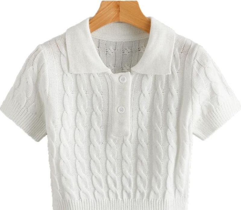 Chic White Cable Knit Polo Top