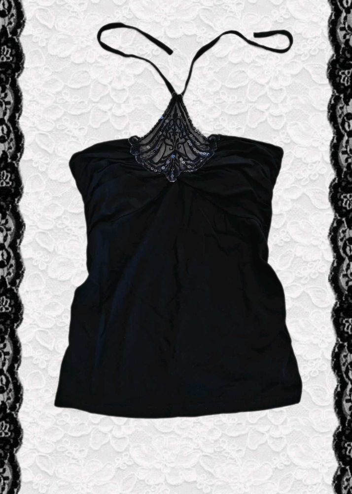 Elegant Black Beaded Halter Top