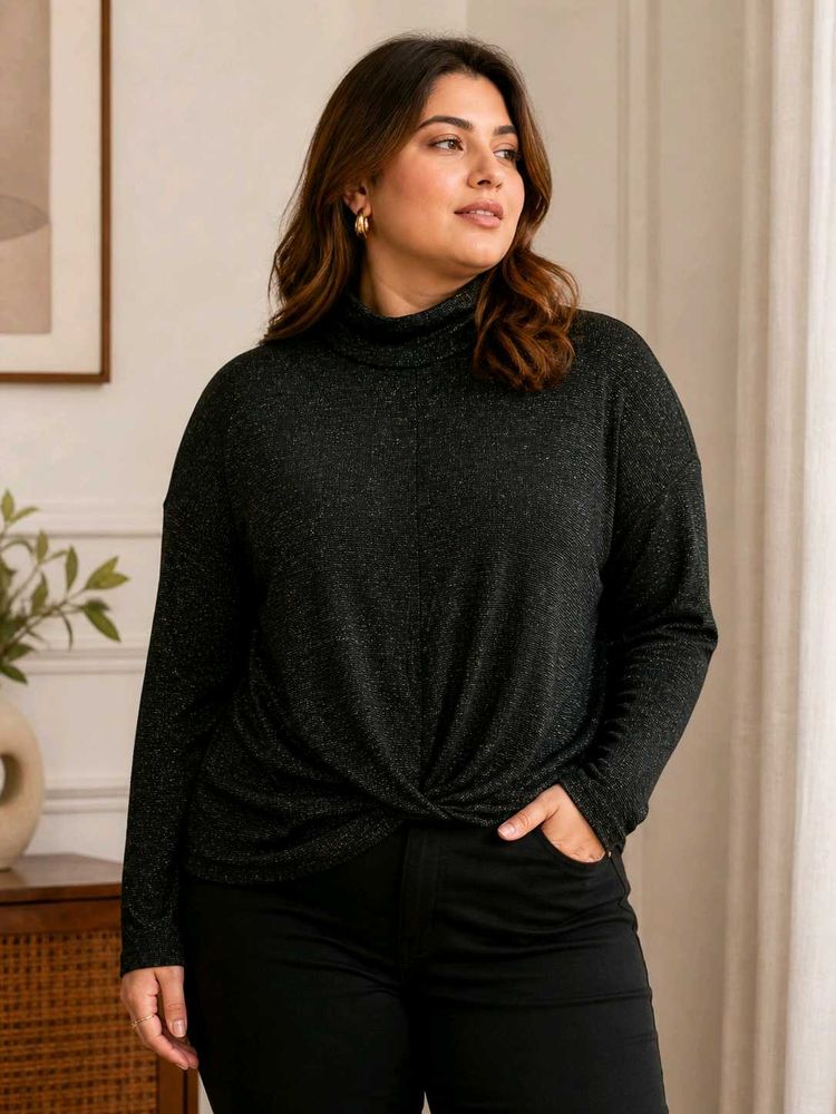 Sparkly Black Turtleneck Twist Front Top