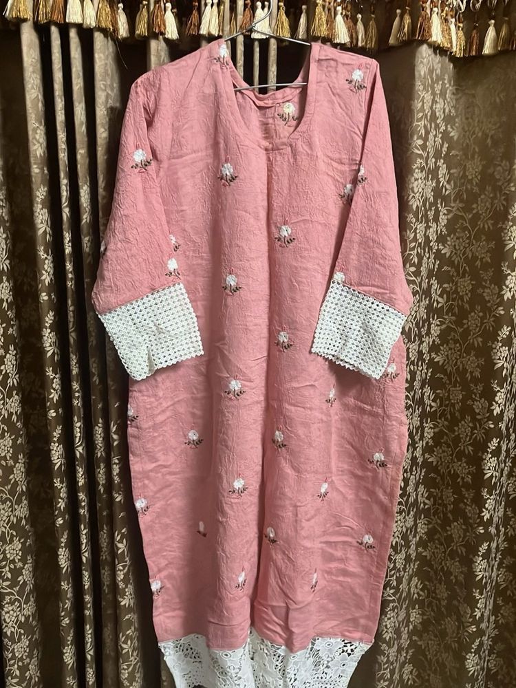 Pink Embroidered Kurta with Lace