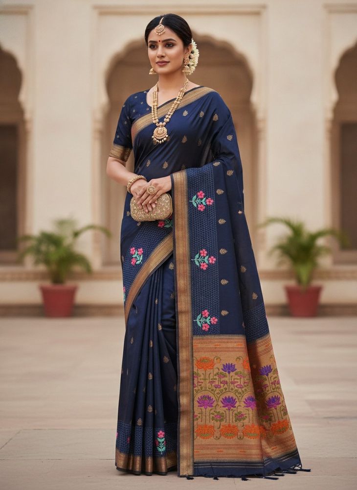 Elegant Navy Blue Silk Saree