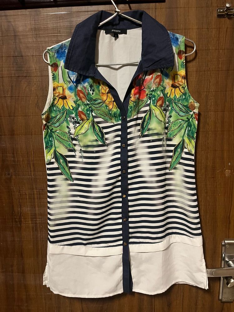 Floral &amp; Striped Sleeveless Button-Up Top