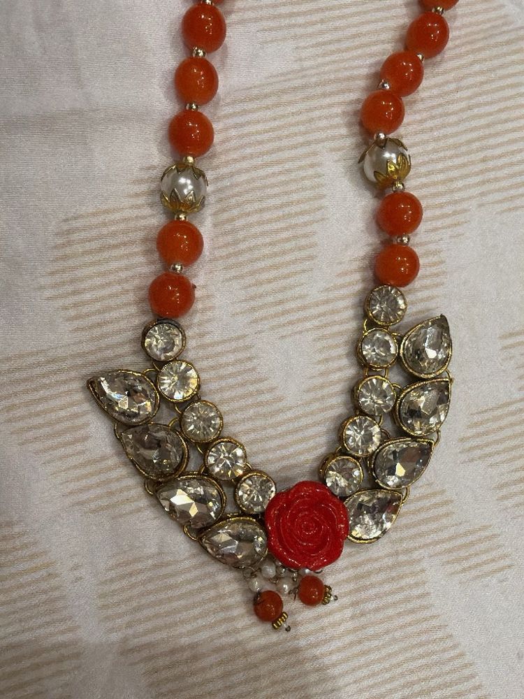 Orange Beaded Necklace with Crystal Pendant