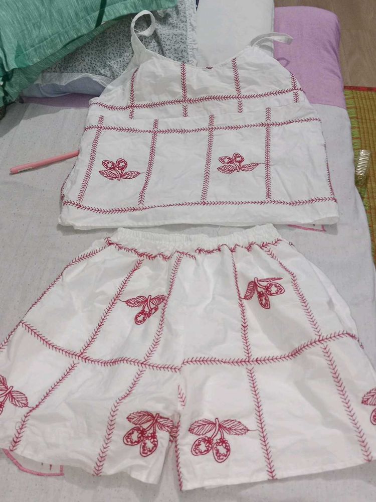 White Embroidered Blouse Top and half pant set