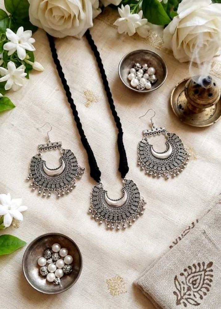 Oxidized Silver Tribal Necklace &amp; Earrings Set