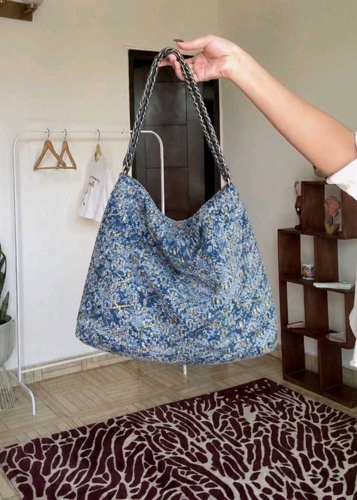 Blue Tweed Hobo Bag with Pouch