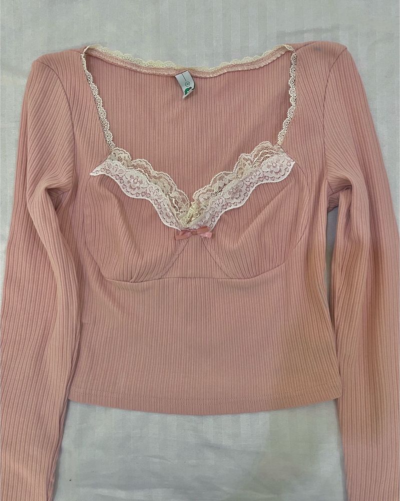 Pink Lace Trim Long Sleeve Top