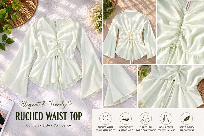 Elegant Ruched Waist Bell Sleeve Top