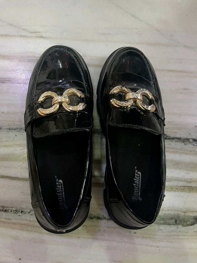 Black Patent Loafers with Gold Buckle