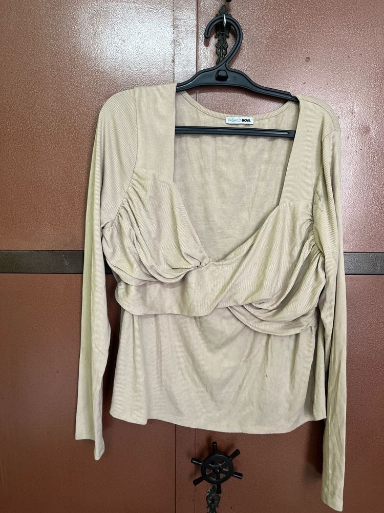 Ruched Square Neck Long Sleeve Top