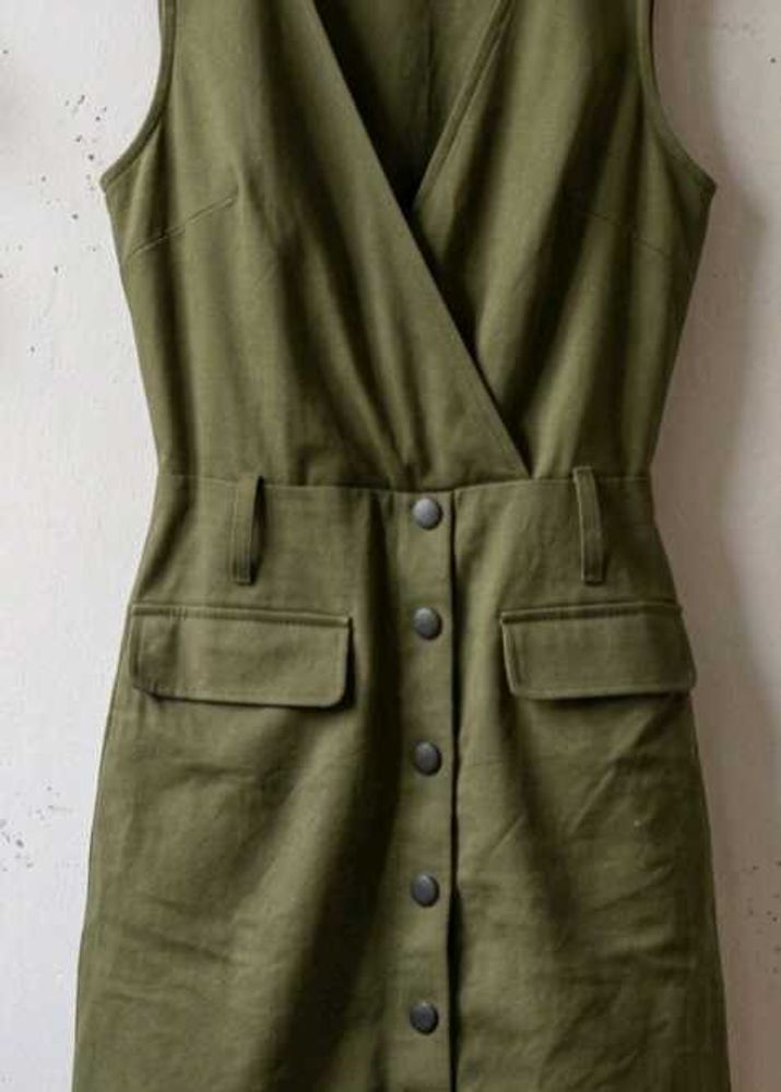 Olive Green Button-Down Pinafore Dress with Pocket