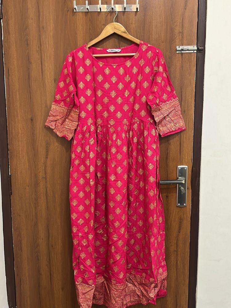 Anarkali Pink Golden Print Kurta