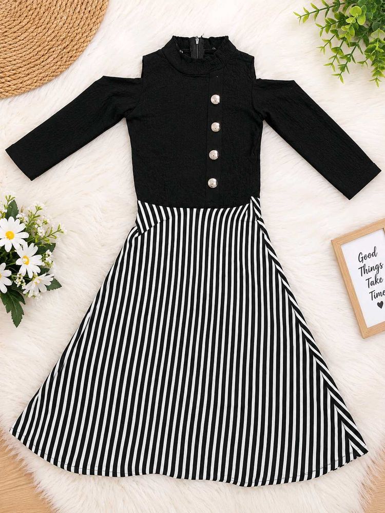 Stylish Black &amp; White Striped Cold Shoulder Dress