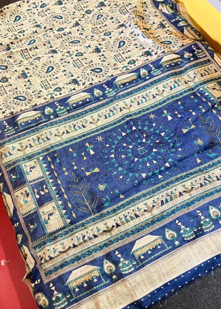 Beautiful Blue &amp; Beige Cotton Silk Saree