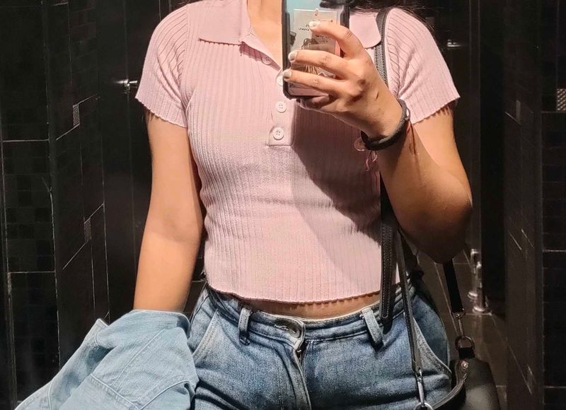 Pink Ribbed Collared Crop Top
