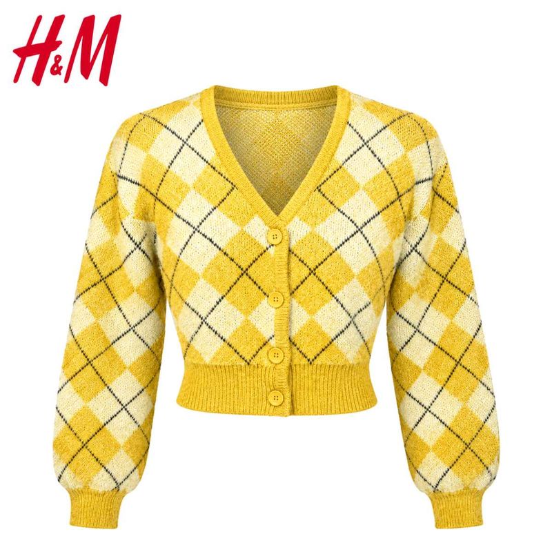 H&amp;M Yellow Argyle Cropped Cardigan