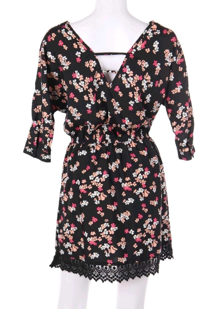 Floral Print Mini Dress with Lace Trim