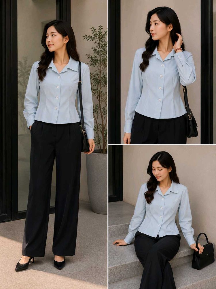 Light Blue Button-Up Collared Top