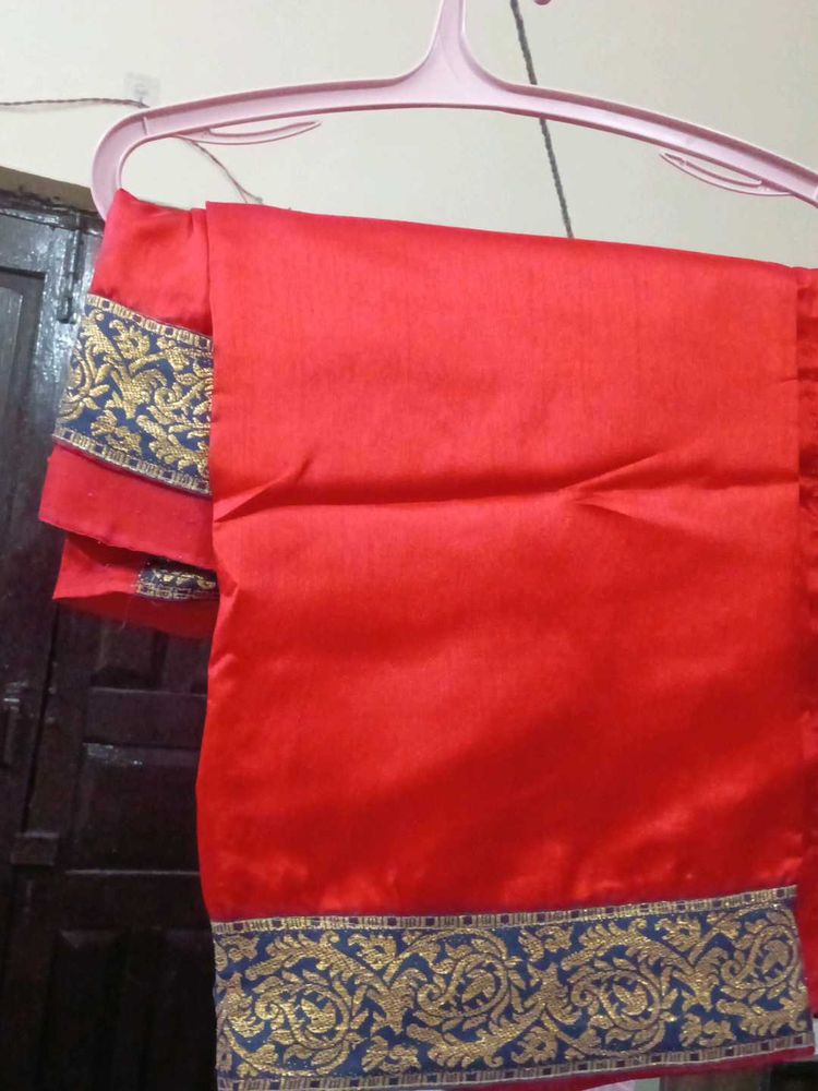 Vibrant Red Saree with Gold Border