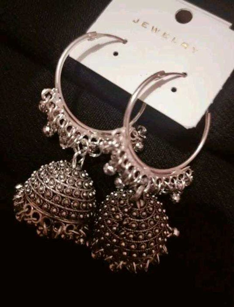 Oxidized Silver Hoop Jhumkis For Girls..