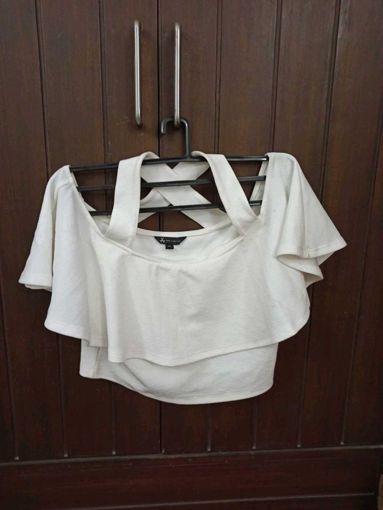 White Off-Shoulder Ruffle Crop Top