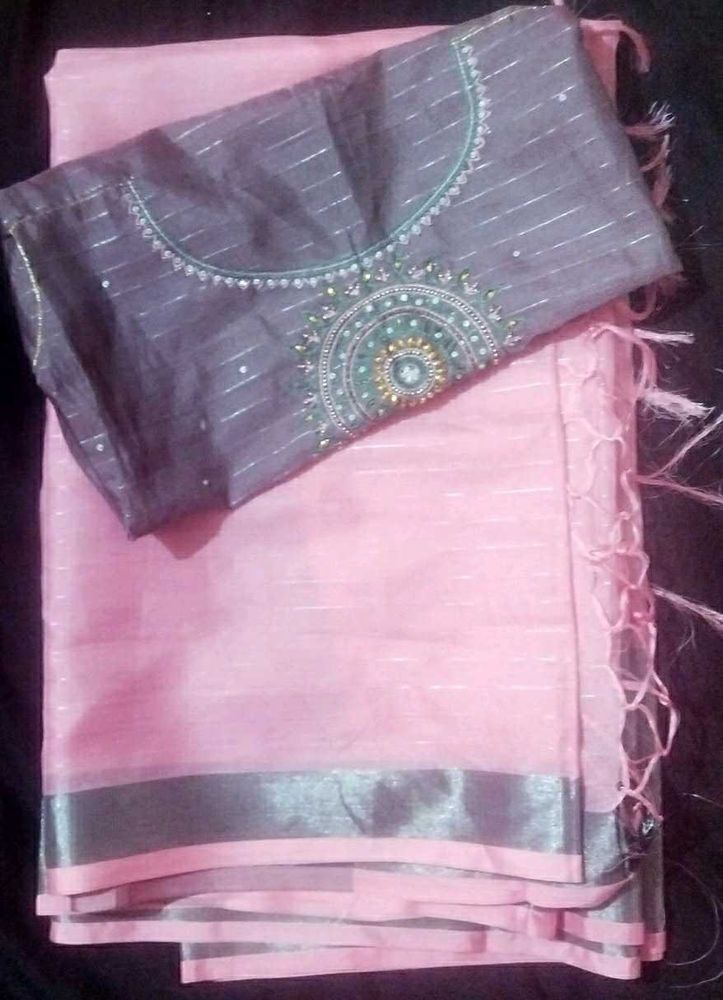 Pink Chanderi Silk Saree with Blouse Pi