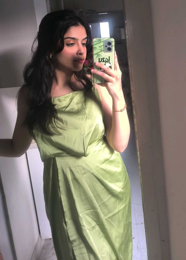 Green Satin Midi Dress