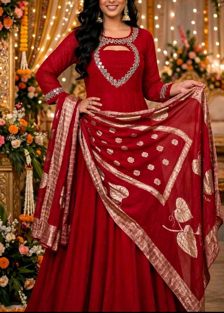 Elegant Pink Mirror work gown with duppata