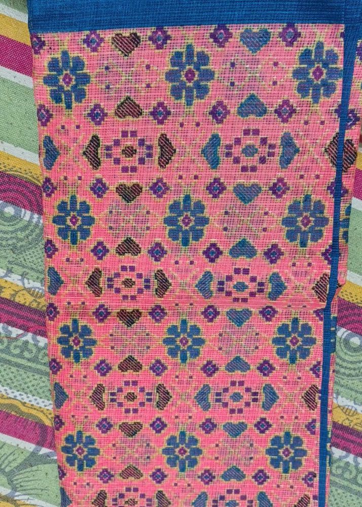 Pink Saree with Blue Floral Motifs