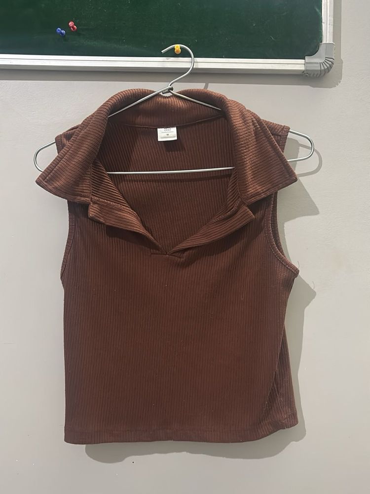 Brown Ribbed Collared Crop Top