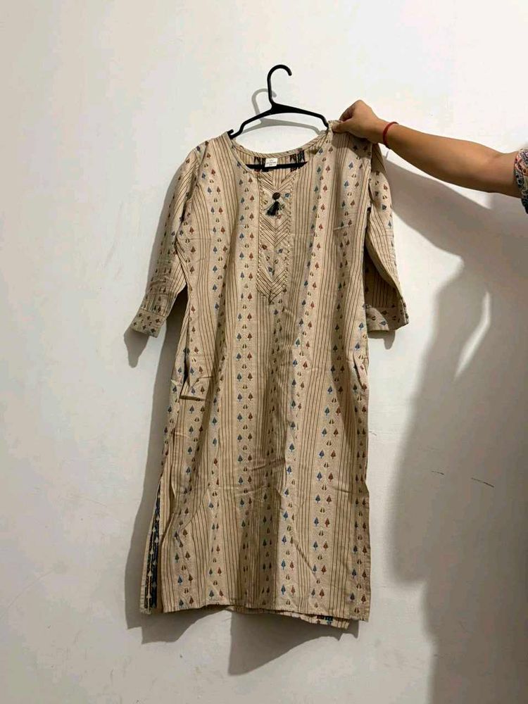 Beige Printed Cotton Kurta