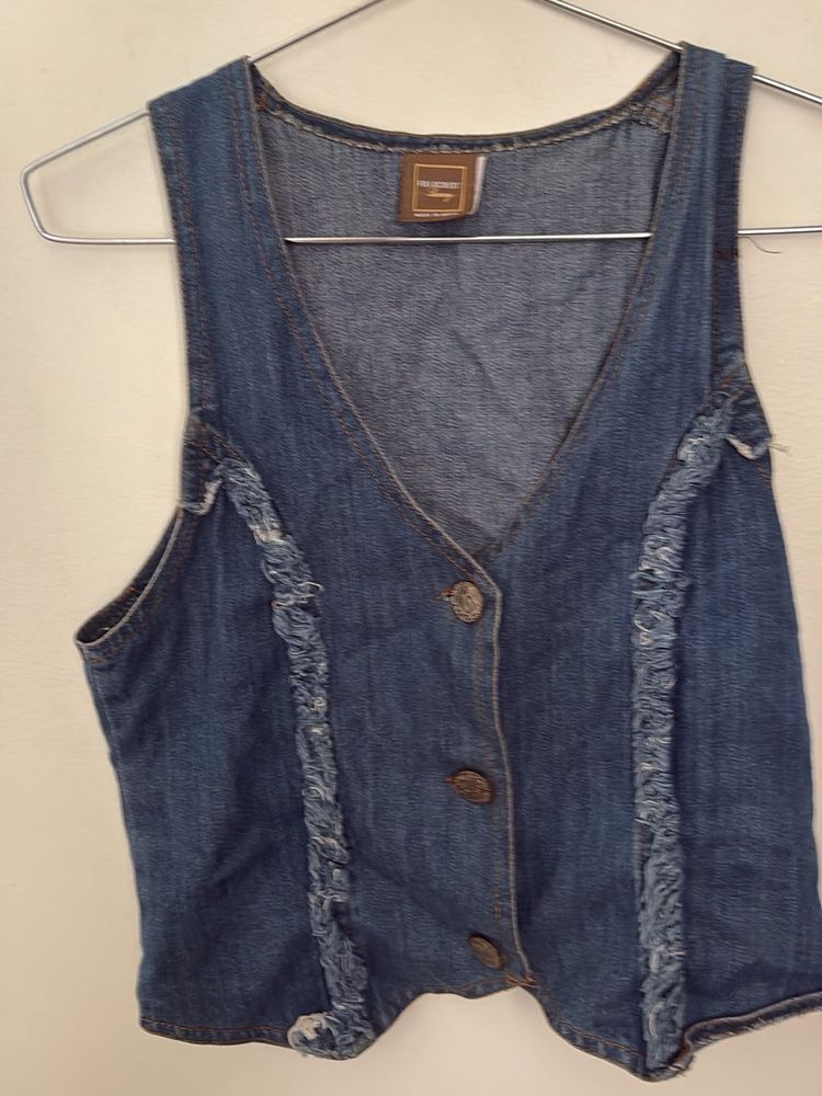 Blue Denim Vest with Fringed Details