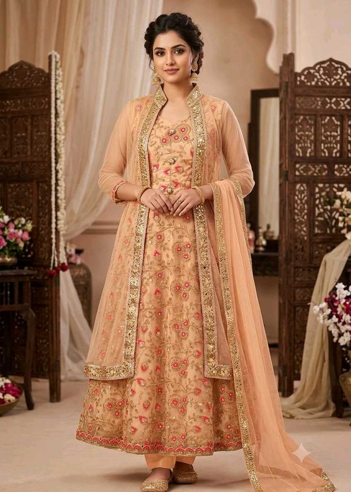 Very Beautiful Heavy Work Golden Gown With Shrug