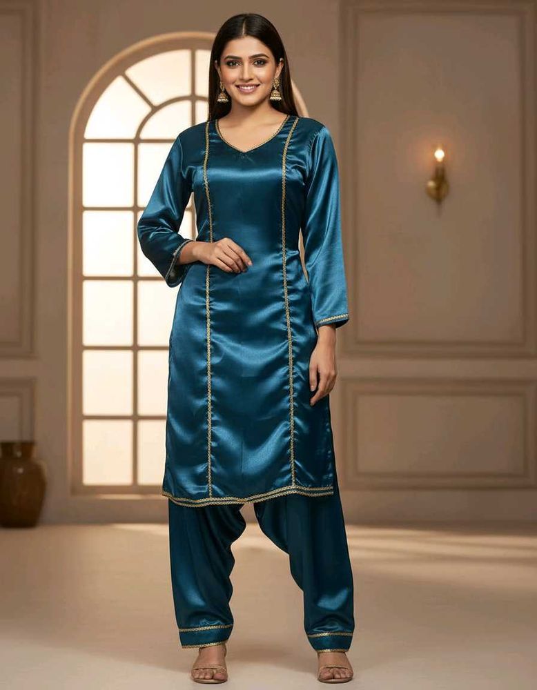 Teal Satin Kurta Set without duppatta