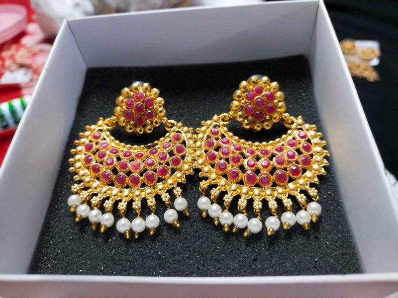 Beautiful Gold Plated Earrings with Red Stones