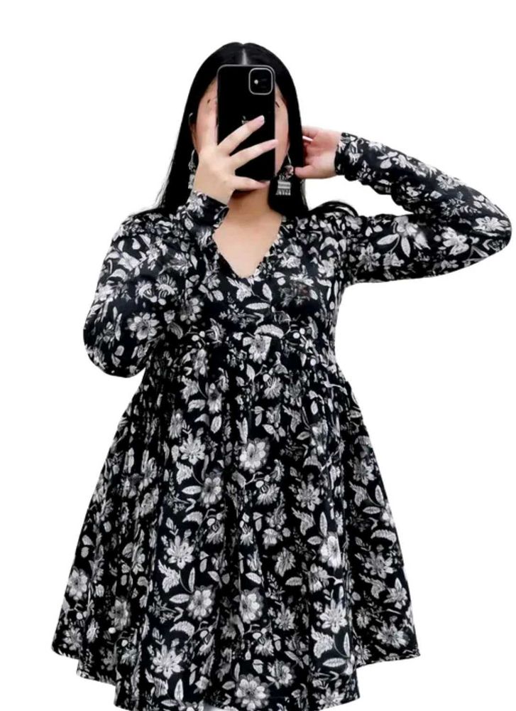 Black Floral Print Anarkali Gown