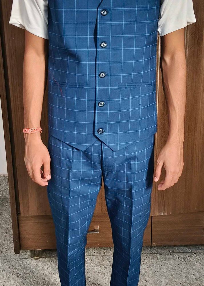 Blue Checked Nehru Jacket &amp; Trousers