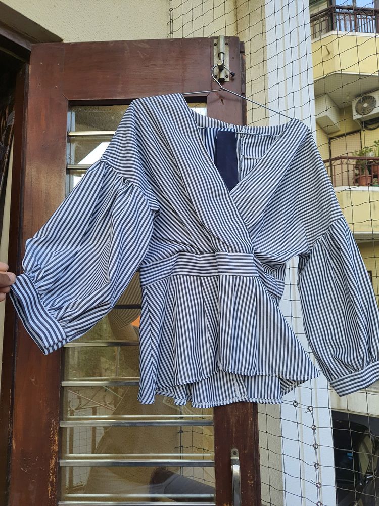 Chic Striped Wrap Peplum Blouse