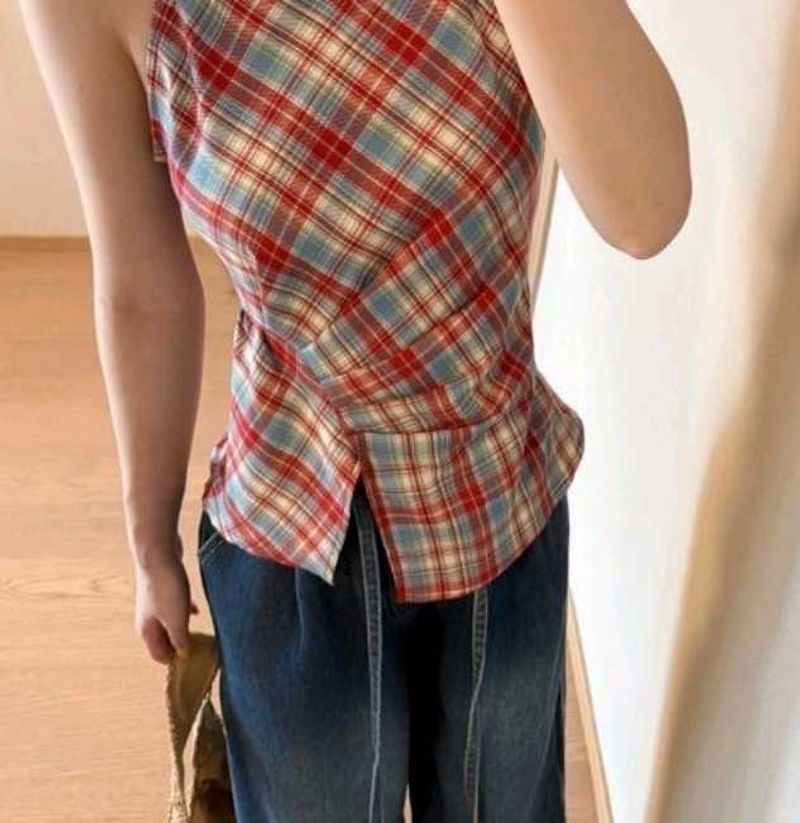 red and blue plaid halter top with asymmetrical